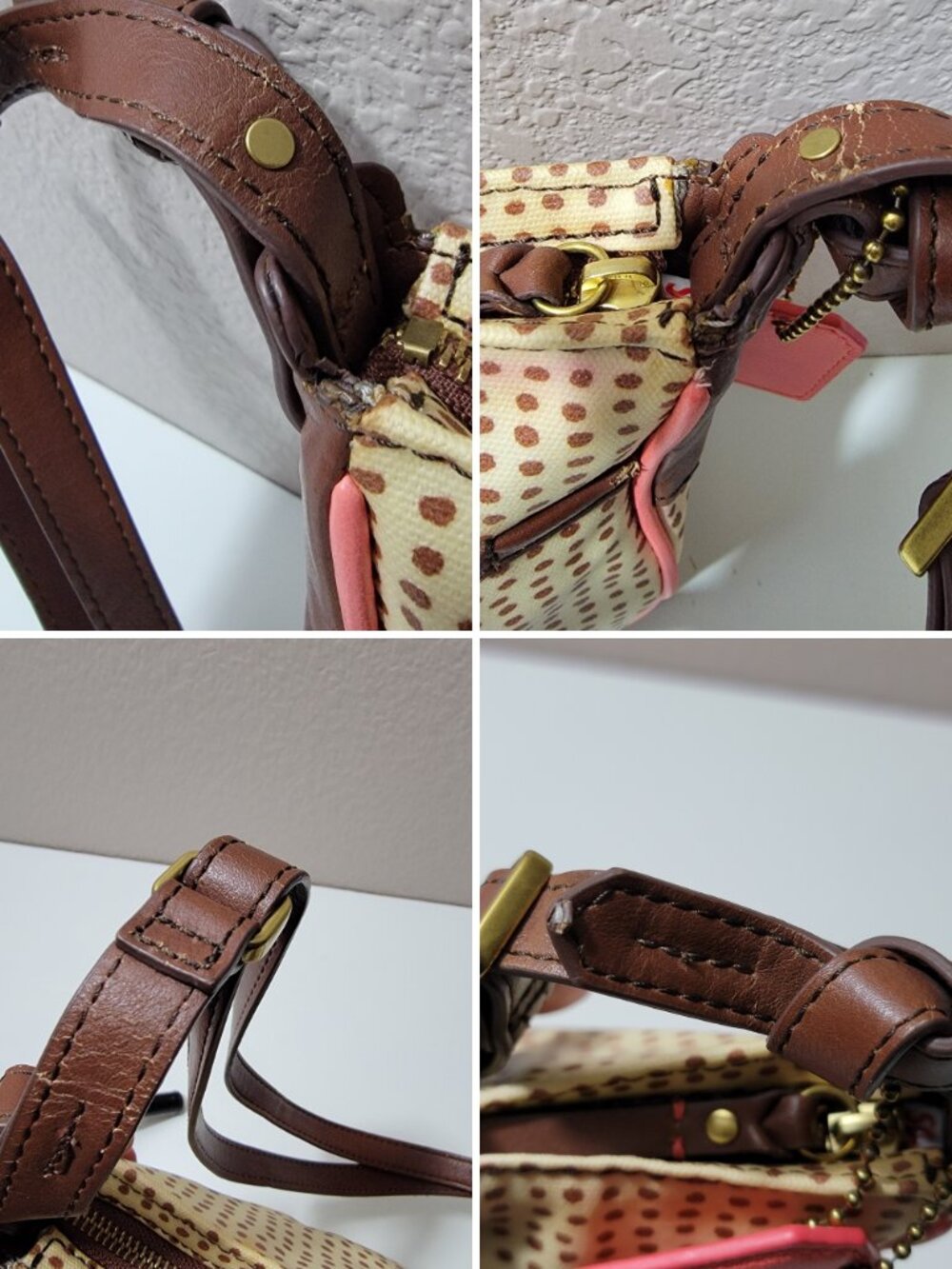 Fossil Issue No 1954 Polka Dot Coated Canvas Crossbody Bag Coral Tan Vintage - Picture 5 of 8